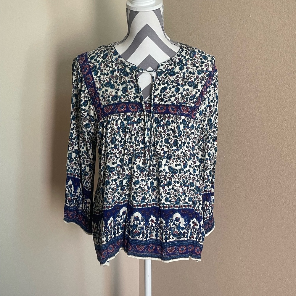 Bila Floral Tie-Front Peasant Blouse - Boho - Shirt - Top - Size: Large